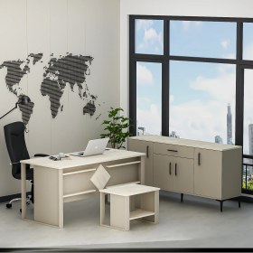 Resim Betroya Boss Ofis Takımı 3'lü Set - Masa Sehpa Konsol Kumtaşı - Traverten (Sandalye Dahil Değildir) 