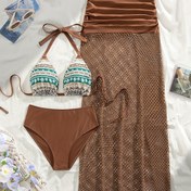Resim Zarif Büyük Beden 3 Parçalı Bikini Seti Tığ Detaylı - Yüksek Bel Kahverengi Mayo, Çizgili Halter Üst & File Etek Kapak dahil, Makinede Yıkanabilir, Kadınlar için, Yüksek Bel Bikini Seti 