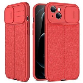 Resim Smcase iPhone 14 Plus Kılıf Lensi Kamera Korumalı Deri Dokulu Silikon Kırmızı 