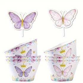 Resim 12 adet Şık Kelebek Kağıt Cupcake Kapakları Üstleri ile - Doğum Günü, Düğün, Gençler Duşu ve Temalı Partiler için İdeal - Altın Detaylı Renkli Tasarımlar, Kelebek Süslemesi ile 