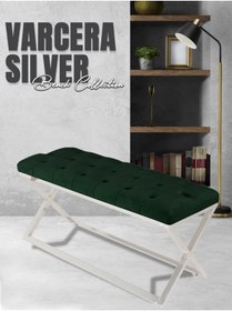Resim Gazzini Furniture Varcera Silver Bench Çapraz Metal Ayaklı Kapitoneli Model Yeşil Puf 