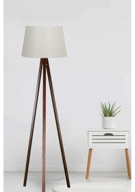Resim 3 Ayaklı Lambader Ahşap Tripod Abajur Konik Kumaş Krem Kahve Ly580 