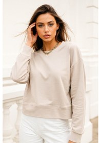 Resim Kadın Bej Pamuklu İnterlock Oversize Sweatshirt Bej 