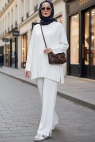 Resim Aselim Hijap Moda Alisa Pileli Premium Modal Kumaş Tesettür İkili Takım - Ekru 