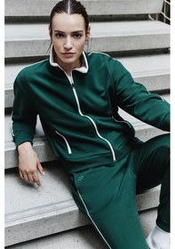 Resim Tommy Life Çam Yeşili Kompakt Pamuklu Kalın Pürüzsüz Dokulu Dik Yaka Oversize Fit Kadın Eşofman Takım - 95340 Yeşil 