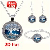 Resim 2D Düz, 2D Düz Moda Kolye ve Küpe Seti - Celtic Yaşam Ağacı Cam Alaşımlı Kaboşon Takı (Toplam 4 Parça) Kadınlar için Yaratıcı Hediye Takı Seti: Kolye, Küpeler ve Bileklik 