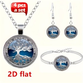 Resim 2D Düz, 2D Düz Moda Kolye ve Küpe Seti - Celtic Yaşam Ağacı Cam Alaşımlı Kaboşon Takı (Toplam 4 Parça) Kadınlar için Yaratıcı Hediye Takı Seti: Kolye, Küpeler ve Bileklik 