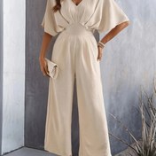 Resim Kadınların Şık Siyah V-Yaka Tulumu - Draplı Tasarımıyla Rahat Yazlık Tulum, Hafif Polyester, Yetişkin Moda İçin Mükemmel, Rahat Kıyafet | V-yaka Tulum | Polyester Kumaş 