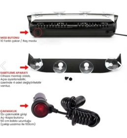 Resim Tiger Marketing Ts6 Cam Içi Vantuzlu Polis Çakar 6 Ledli Kırmızı Mavi 12 Mod Çakmaklık Girişli 