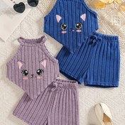 Resim 4 Parça Kız Çocuk Yazlık Outdoor Set - Kedi Desenli Düzensiz Kenarlı Örgü Yaka Atlet Üst ve Düz Renk Kısa Şortlu Fiyonk Detaylı, Rahat Giyim, Dış Mekan İçin İdeal 