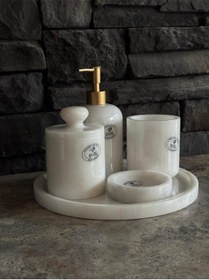 Resim Beyaz Mermer Mat Sarı Pompalı, Pamukluk Kendinden Tutmalı 5'li Set Beyaz 