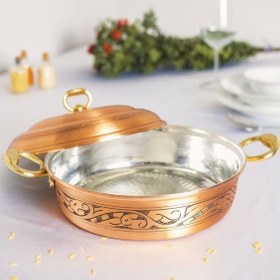 Resim Bakır Pilav Tenceresi Oyma Nakış İşleme Mat Bakır Renk 25 Cm 