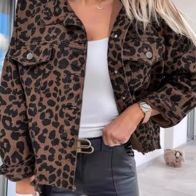 Resim Leopar Desenli Uzun Kollu Şık Kot Ceket, Düğmeli Yaka Kollu Günlük Kot Mont, Kadın Giyim 