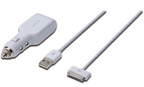 Resim DB-600900-010-W Digitus USB Araç İçi Çakmaklık Şarj Adaptörü ve Şarj Kablosu, 1 x USB port, Giriş: 12-24V Çıkış: 5V + Apple 30pin Erkek - USB A Erkek Kablo, 1 metre 