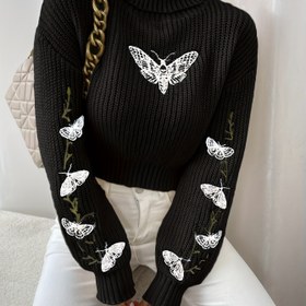 Resim Kadınlar için Günlük Yüksek Yaka Kelebek Kazak - Orta Esneklikte Yumuşacık Pembe Uzun Kollu Süveter, Rahat Sonbahar/Kış Modası Üstü, Bayan Kazakları, Mevsimlik Giyim, Zarif Nakış, Kaliteli Dikiş, Şık Kadınlar 