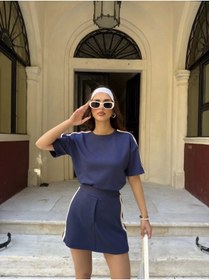 Resim Genel Markalar Osy Modal Yumuşak Dokulu Kumaş Parçalı Bisiklet Yaka T-shirt Mini Şortlu Etek İkili Takım -Lacivert 