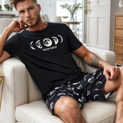 Resim Erkek Rahat Karikatür Ay Grafikli Pijama Takımı Polyester Örgü Kumaş Yuvarlak Yaka Hafif Esnek Normal Kalıp Uyku Giysileri Tüm Sezon Salon Giyimleri 