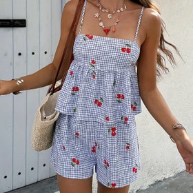Resim Kadın İlkbahar/Yaz Çizgili Baskılı Camisole Takımı 