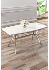 Resim Canisa Lena Serisi 90x160 Lak Panel Beyaz Mermer Desen Krom Ayaklı Masa Takımı Ve 6 Cappucino Sandalye Beyaz Mermer Desen Masa Sandalyeler Cappucino 