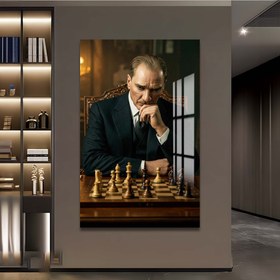 Resim Atatürk Satranç Cam Tablo - Siyah / 70x110 cm 