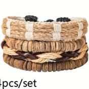 Resim DIY dokuma bileklikler, hindistan cevizi kabuğu bileklikler, erkek kenevir ipi, ahşap boncuklar, suni deri bileklikler, etnik tarzı, retro set bileklikler dört parçalı set 