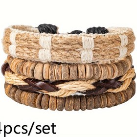 Resim DIY dokuma bileklikler, hindistan cevizi kabuğu bileklikler, erkek kenevir ipi, ahşap boncuklar, suni deri bileklikler, etnik tarzı, retro set bileklikler dört parçalı set 