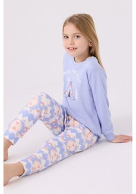 Resim Kız Çocuk Mavi Uzun Kol Pijama Takım Mor 