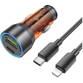 Resim Hoco Nz12a Action Pd43w Usb + Type-c Araç Çakmaklık Hızlı Şarj Aleti + Type-c To Apple Uyumlu iPhone Lightning Ka- 5775 
