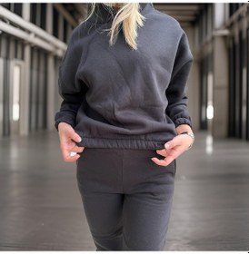 Resim Oversize İki İplik Şardonlu Beli Lastikli Kadın Eşofman Takımı-siyah Siyah 