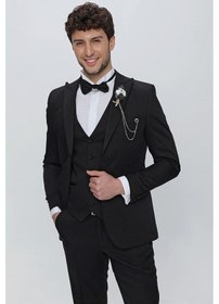 Resim İmza Siyah Armürlü Kırlangıç Yaka Tam Astar Yelekli 6 Drop Slim Fit Dar Kesim Smokin Damatlık 1001225178-Siyah 