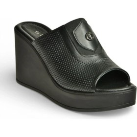 Resim Fox Shoes Y555250703 Siyah Hakiki Deri Dolgu Topuklu Kadın Terlik 