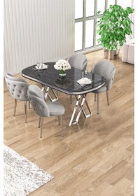 Resim Canisa Zae Serisi 90x168 Lak Panel Siyah Mermer Desen Krom Ayak Masa Takımı 4 Gri Sandalye Masa Siyah Mermer Desen Sandalyeler Gri 