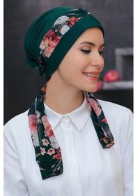 Resim Hürrem Bone Zümrüt Pratik Hazır Geçmeli Tesettür Bone Sandy Kumaş Desenli Şif Zümrüt 