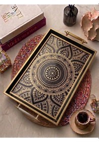 Resim Mandala Desenli Dekoratif Tepsi Siyah Gold Çerçeveli Kulplu Çay Kahve & Sunum Tepsisi 