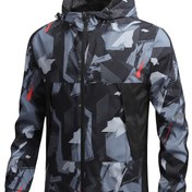 Resim Erkekler için Geometrik Baskılı Kapüşonlu Ceket - Sporcu Fermuarlı Ön ve Cepli, Hafif Polyester, Düzenli Kesim Günlük Bahar/Sonbahar Montu, Rahat Dış Mekan Ceketi | Moda Fermuarlı Kaban | Baskılı Günlük Giysi 