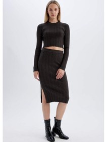 Resim Defacto Coool Slim Fit Dar Kesim Basic Düz Yırtmaçlı Triko Midi Etek A2058AX24AUAR227 Antrasit 