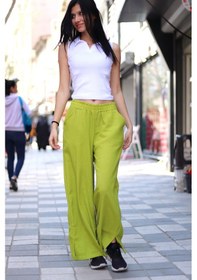 Resim Sinemce Yeşil yurtmac detay bol paça keten lastikli pantolon 