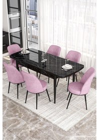 Resim Canisa Kor Serisi 70x114 Açılabilir Mutfak Masası Takımı Siyah Mermer Desen Masa 6 Pembe Sandalye Masa Siyah Mermer Desen Sandalye Pembe 