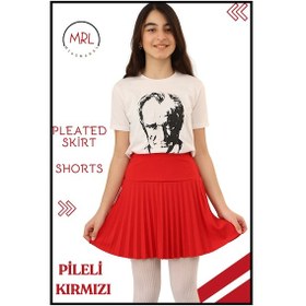 Resim Kız Çocuk Pileli Etek Kırmızı Yüksek Bel İçi Şortlu Likra Kumaş Okul-oyun-spor-etkinlik Eteği 4105 Kırmızı 
