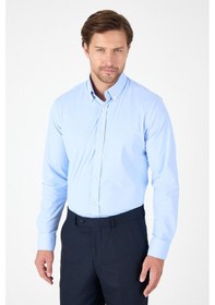 Resim Koyu Mavi Uzun Kol Düğmeli Yaka Cepsiz Performans Ürün Slim Fit Gömlek 1004250270 Koyu Mavi 