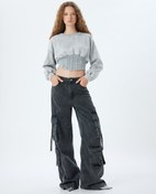 Resim Şardonlu Crop Sweat Korse Detaylı Bisiklet Yaka Yıkamalı Slim Fit 