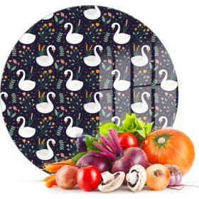 Resim Decovetro Cam Kesme Tahtası Yuvarlak Kuğu Çiçek Desenli 30X30 cm 