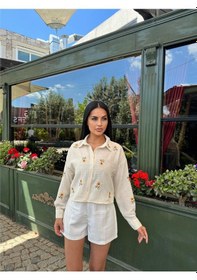 Resim A.sarı Çiçek Nakışlı Kısa Pamuklu Gömlek Açık Sarı 