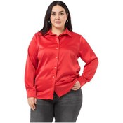 Resim Büyük Beden Saten Dokulu Manşetli Kırmızı Gömlek-kırmızı Kırmızı 