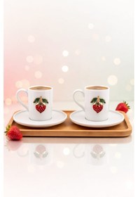 Resim Dekorasyaa 2'li Seramik Kahve Fincan Takımı - 90 Ml - Çilek Desenli Beyaz 