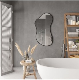 Resim 65x117 Cm Modern Organik Şekilli Dekoratif Banyo Aynası Siyah Çerçeveli Düzensiz Tasarım Ayna Minimalist & Japandi Duvar Aynası Siyah 
