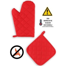 Resim Yanmaz Fırın Eldiveni Ve Fırın Tutacağı 1 Eldiven 1 Tutacak Kırmızı 