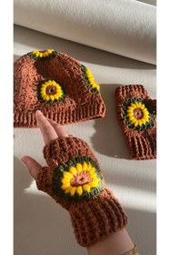 Resim MESKSTORE El Örgüsü Bere Eldiven Takımı, Bohem, Kışlık Set, Ay Çiçeği Eldiven 