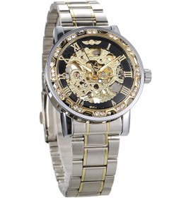 Resim Lemestar Erkekler İçin El İle Çalışan Mekanik Saat, Göz Alıcı Taşlı Desen, Su Geçirmez Çelik Kordon, Siyah Ekran Altın Aralıklı, S1089-2 Modeli Çok Renkli 