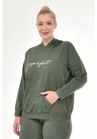 Resim Kadın Büyük Beden İtalyan Yıkama Haki Kapşonlu Sweatshirt Haki 